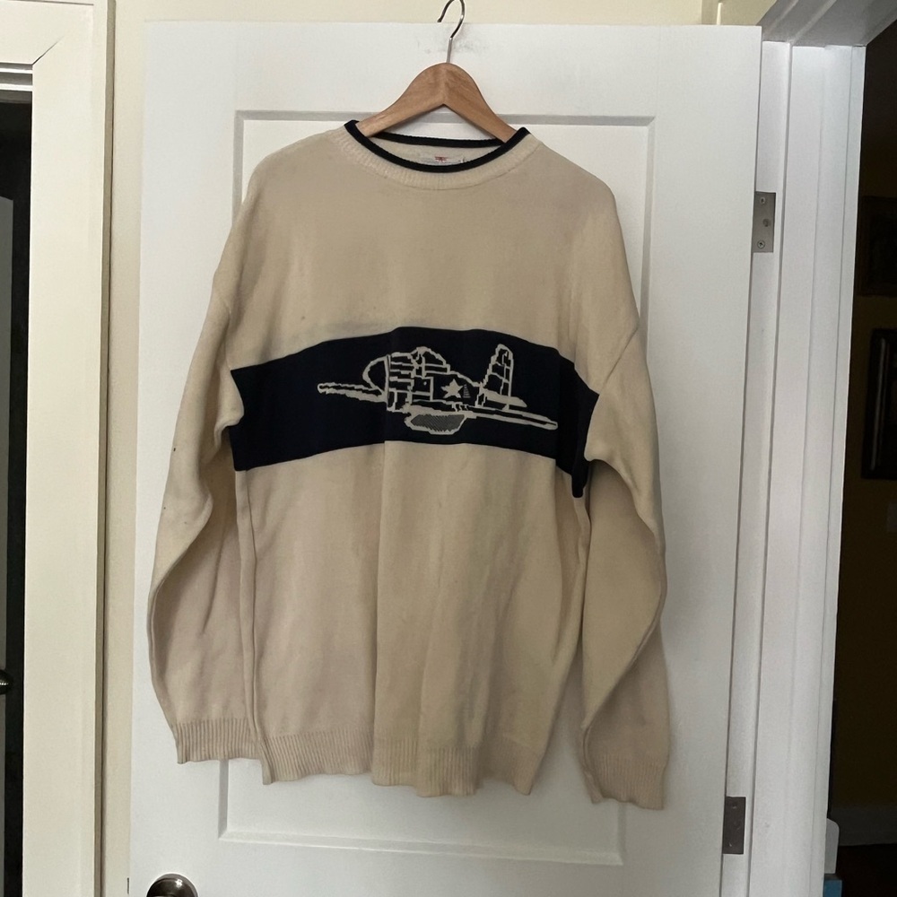 Doppeldecker 100% Cotton Airplane Fine-Knit Made in USA Ivory Black Sweater L
